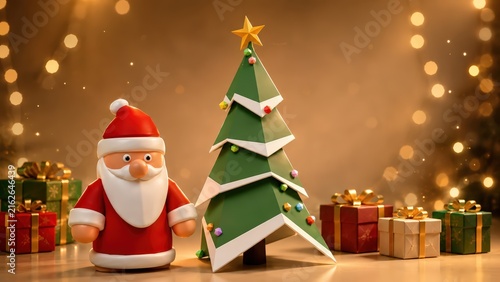 Cute Santa Claus and Stylized Christmas Tree with Gift Boxes – Photorealistic 3D Render, 8K Holiday Background