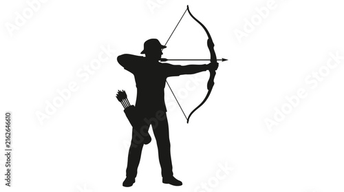Archer silhouette aiming with bow and arrows on a white background
