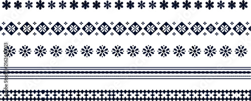 Ethnic floral geometric seamless borders set, folk embroidery style daisy flower trim vector illustration