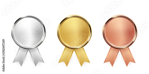 Gold, silver, bronze medals. Realistic 3D metallic award medals with ribbons, symbolizing first, second, third place in sports, competitions, athletic events. Winner emblems. Vector illustration.