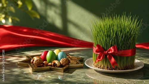 Nowruz Haft Sin Celebration with Fresh Sabzeh, Colorful Eggs and Nuts