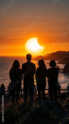 Silhouette of four people watching a solar eclipse over the ocean at sunset. Group watching astronomical event. Orange sky and coastal landscape. Observing celestial phenomenon. Humanity and