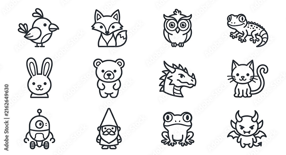 Naklejka premium Cute Kawaii Animal and Fantasy Line Art Icon Set