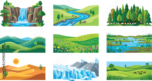 Natural landscape illustration set with diverse environmentsNatural landscape illustration set with diverse environments