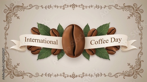 International coffee day decorative graphic with coffee beans and cup