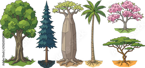 Tree illustration set with diverse speciesTree illustration set with diverse species