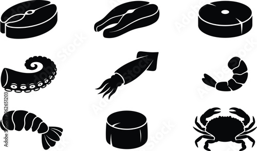 Collection of seafood silhouette icons with fish, shrimp, crab, and squidCollection of seafood silhouette icons with fish, shrimp, crab, and squid