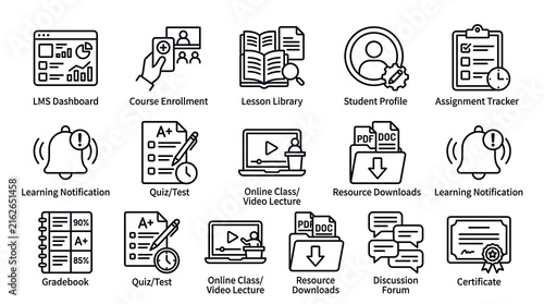 LMS E-learning and Education Line Icon Set for Online Schooling