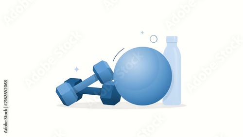 Blue exercise equipment set with water bottle and exercise ball
