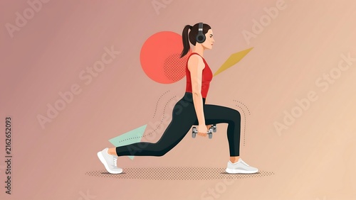 Woman doing lunge exercise with dumbbells and headphones