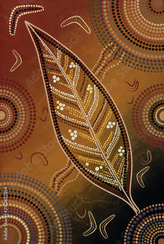 Aboriginal Dot Art Illustration of Stylized Leaf with Traditional Decorative Patterns