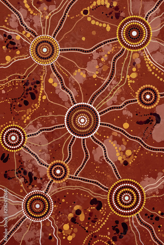 Aboriginal-Inspired Sacred Landscape with Interconnected Song lines, Circular Symbols and Earth-Tone Patterns