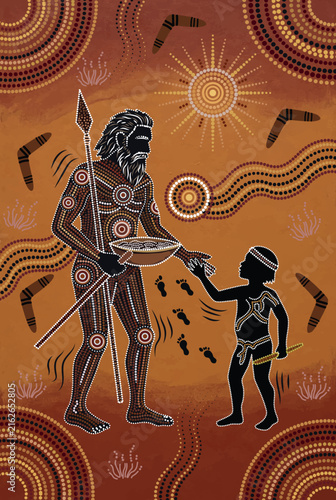 Aboriginal-Inspired Hunting Scene with Traditional Human Figures, Boomerang Shapes and Dreamtime Dot Patterns