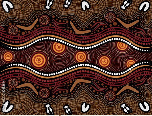 Aboriginal-Inspired Horizontal Dot Pattern with Flowing Songline Motifs and Decorative Earth-Tone Waves