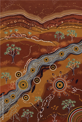 Aboriginal-Inspired River and Outback Landscape with Sacred Circular Symbols, Native Trees and Dot Design.
