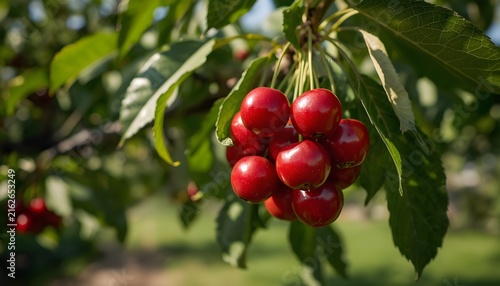 Beautiful cluster of fresh red cherries growing naturally on a tree branch with green foliage. Warm sunlight highlights the glossy fruit, creating a vibrant agricultural and summer orchard scene.