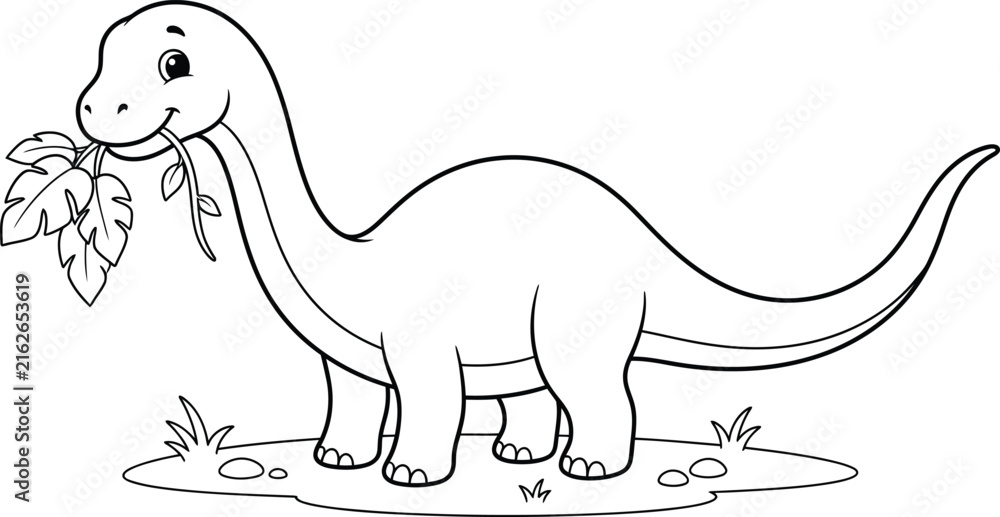 Fototapeta premium Cute cartoon dinosaur eating leaves, black and white line art illustration for kids. A simple black and white coloring page of a friendly baby dinosaur.