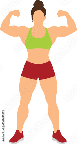 Muscular Female Bodybuilder Flexing Both Biceps in Double Bicep Pose, Flat Color Vector Illustration
