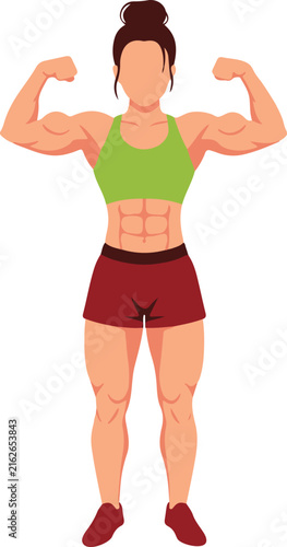 Muscular Female Bodybuilder Flexing Both Biceps Showing Defined Abs, Smooth Shaded Vector Illustration
