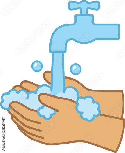 Hands Washing Under Running Blue Faucet With Soap Bubbles, Clean Hygiene Vector Illustration
