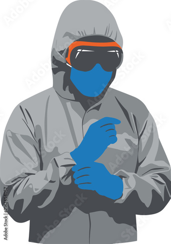 Person Adjusting Blue Gloves In Gray Hazmat Suit With Goggles, Professional Safety Vector Illustration
