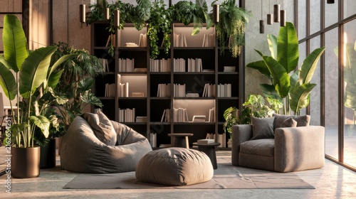 Relaxing coworking space featuring bookshelves, comfy seating, lush green plants, and natural light in a contemporary office