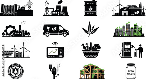 Sustainability and renewable energy icons with eco conceptsSustainability and renewable energy icons with eco concepts