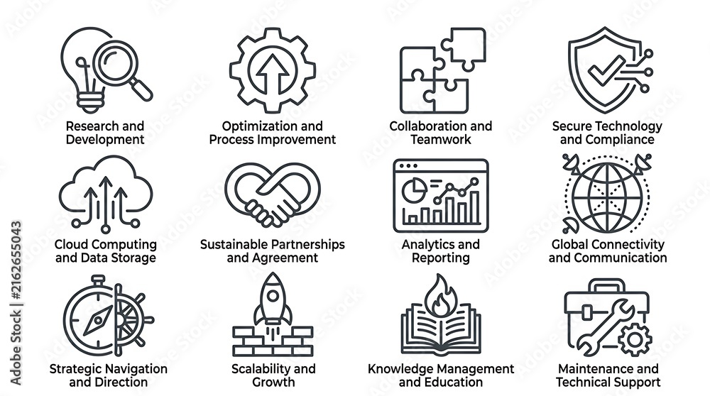 Fototapeta premium Business Strategy and Process Line Icon Vector Set