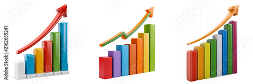 Set of Dynamic colorful 3D bar chart with elevated columns creating an upward visual movement, vibrant multicolor surfaces, realistic textures on transparent png background. Ai generated