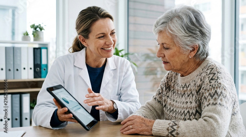 Doctor discussing medical results with elderly patient on tablet