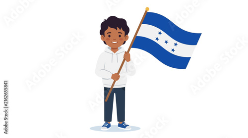 Little Honduran boy holding the national flag of Honduras
