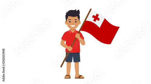 Little Tongan boy holding the national flag of Tonga
