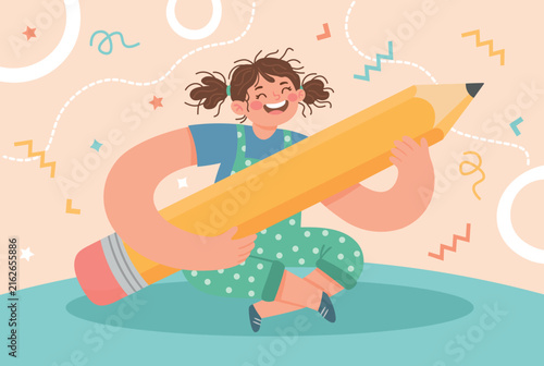 Vector design of a small child holding an oversized yellow pencil, representing back to school themes, creativity, drawing inspiration, and educational concepts for kids and students