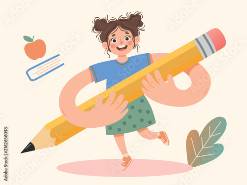 Adorable little girl holding a giant yellow pencil with an eraser, creating a charming conceptual illustration for school, creativity, art classes, and children's education projects
