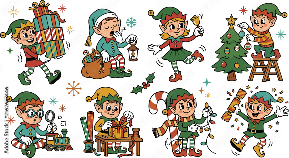 Fototapeta premium Cute Christmas elf character collection with gifts toys decorations crafting ornaments lights and festive holiday activities