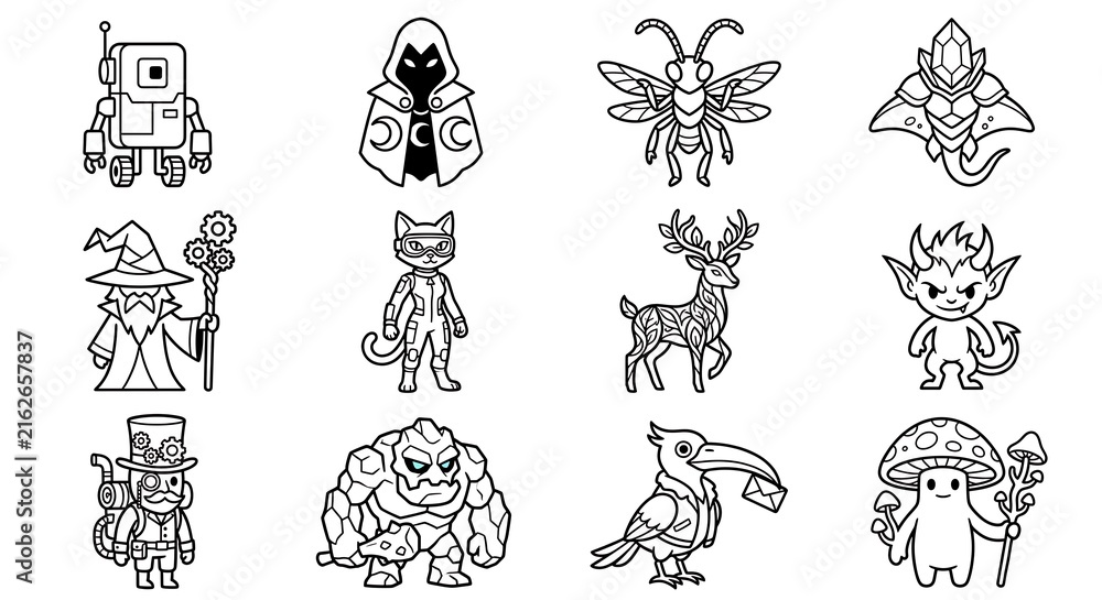 Naklejka premium Fantasy and Sci-Fi Character Line Art Icon Set