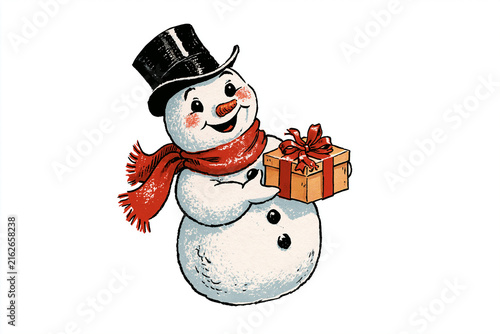 Snowman holding a gift with a top hat and red scarf  