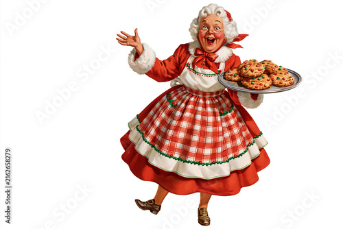 Cheerful woman in a red dress holding cookies on a silver tray  