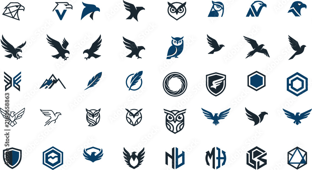 Fototapeta premium Modern bird and owl logo collection featuring raptor eagle falcon avian shields monograms emblems and corporate branding vectors