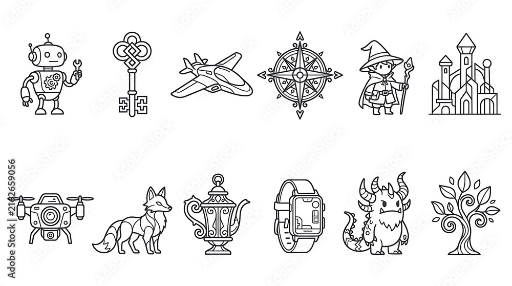 Naklejka premium Black and White Line Art Icon Set for Games and Apps