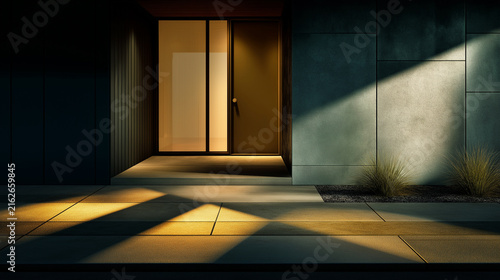 Modern minimalist house entrance with warm exterior wall lighting at night, luxury residential real estate concept