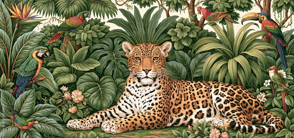 Obraz premium In a dense jungle, a regal leopard lounges amid vibrant exotic birds, depicted with detailed vintage engraving.