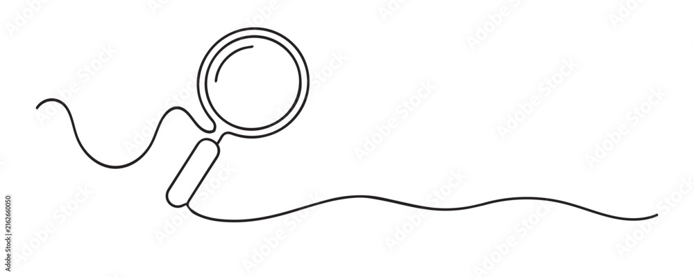 Fototapeta premium Single line drawing of a detective magnifying glass. Continuous line drawing of a classic magnifying glass used for examining clues and evidence. Representing mystery and investigation.