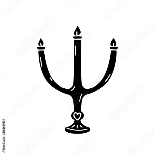 Hand drawn black silhouette tea candle candelabrum icon vector illustration. Monochrome doodle candlestick