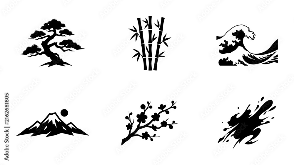Fototapeta premium Japanese Icons: Bonsai Tree, Bamboo, Wave, Mountain, Cherry Blossom, Ink Splash
