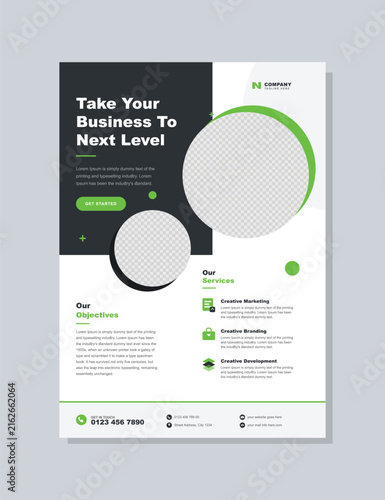 Clean Corporate Business Flyer Vector Template Design, Modern Creative Marketing Agency Brochure Layout with Circular Image Placeholders, Professional Commercial Advertisement Presentation Graphic