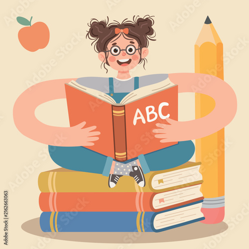 Сute schoolgirl sitting comfortably on a stack of colorful books while reading a story, designed as a vibrant vector graphic element for back to school education concepts and kids learning