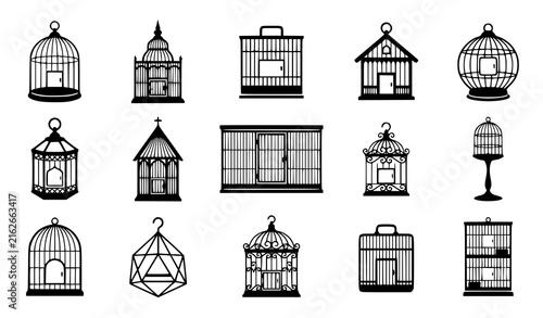 Foto Decorative Bird Cage Silhouette Vector Set with Domed Rectangular and House Shap