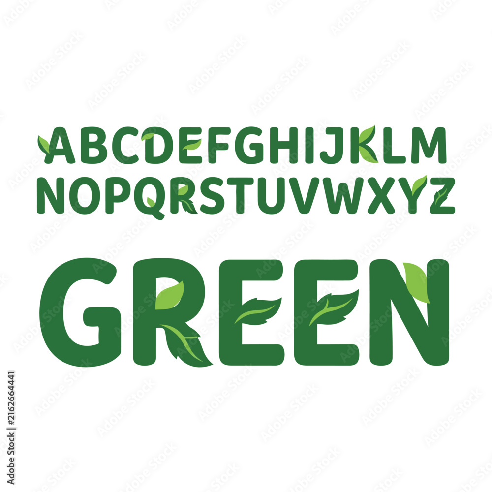 Fototapeta premium Green alphabet letters with leafy texture on white background eco friendly symbol