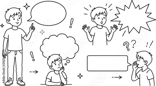 Boy Character Communication Vector Set with Speaking, Thinking, Surprised Expression, Whispering, and Empty Speech Bubbles for Educational Comics Design